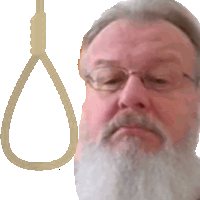 a man with glasses and a beard is looking at a hanging noose