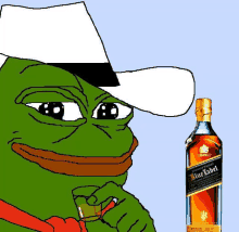 a cartoon frog wearing a cowboy hat is holding a shot of blue label whiskey