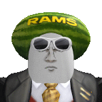 a man wearing sunglasses and a watermelon hat that says rams on it