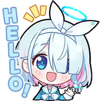 a cartoon illustration of a girl with white hair and blue eyes saying hello !