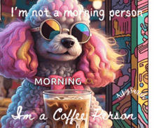 a poodle wearing sunglasses holds a cup of coffee