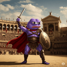 a purple cartoon character holding a sword and shield with a letter r on it