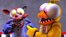 foxy and chica from five nights at freddy 's are standing next to each other and talking .