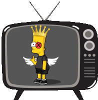 bart simpson wearing a crown and wings stands in front of a television