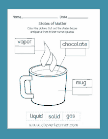 a coloring page showing the different states of matter in a cup of hot chocolate .