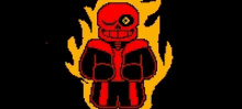 a pixel art drawing of a red skeleton with green eyes surrounded by fire .