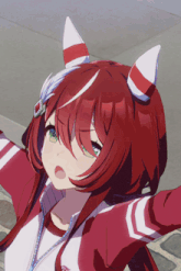 a red haired anime character with white horns