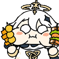 a cartoon character is holding a sandwich and a stack of skewers .