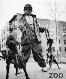 a black and white photo of a man walking two dogs that says zoo on the bottom