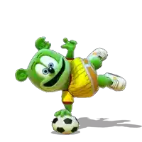 a gummy bear is doing a handstand on a soccer ball