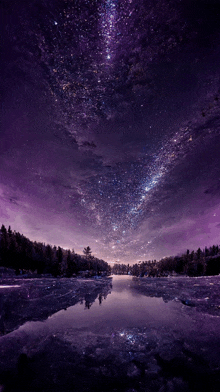 a purple night sky with lots of stars over a lake