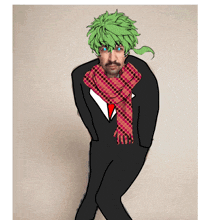 a drawing of a man with green hair wearing a suit and scarf