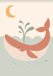 an illustration of a whale in the water with a crescent moon in the background