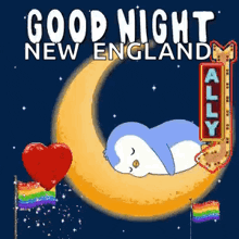a penguin is sleeping on a crescent moon with a heart and flags .