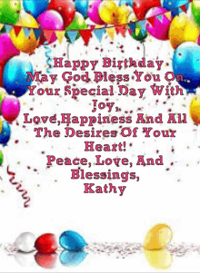 a birthday card for kathy with colorful balloons