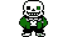 a pixel art drawing of a skeleton with a green eye and a green shirt .