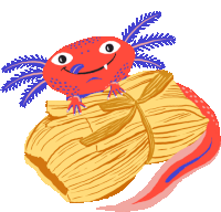 a cartoon drawing of an axolotl holding a piece of tamales