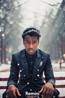 a man in a suit sits on a bench in the snow with remini generated with ai