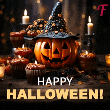 a pumpkin wearing a witch hat is surrounded by cupcakes and candles and the words happy halloween