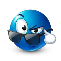 a blue smiley face is wearing sunglasses and making a serious face