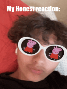 a person wearing sunglasses with a peppa pig reflection