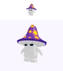 a white mushroom with a purple hat and yellow stars on it