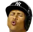 a man wearing a new york yankees hat and a helmet is making a funny face .