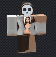 a picture of a woman in a bikini is behind a skull