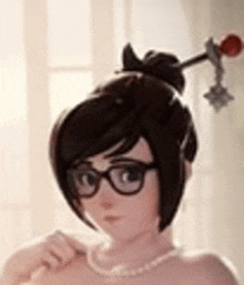 mei from overwatch wearing glasses and a pearl necklace .