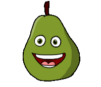 a cartoon drawing of a green pear with a big smile on its face