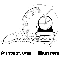 a logo for chroastery coffee shows a clock and a cup of coffee