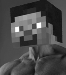 a black and white photo of a person holding a minecraft character head .