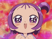 a cartoon girl with purple hair and big purple eyes is smiling