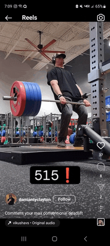 a man squatting with a barbell in a gym with the number 515 on the bottom