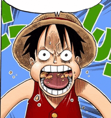 monkey d luffy from one piece is making a funny face with his mouth wide open .