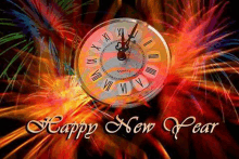 a happy new year greeting card with a clock and fireworks in the background