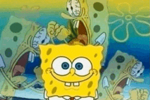 spongebob squarepants is surrounded by a bunch of sponges with their mouths open in a cartoon .