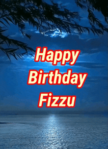 a happy birthday fizzy greeting card with a full moon over the ocean