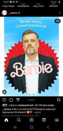 a man in a suit with the word barbie on the front