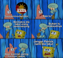 a cartoon of patrick star and squidward talking to each other about sarawak gags