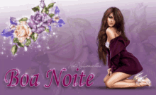 a purple background with boa noite and a woman kneeling