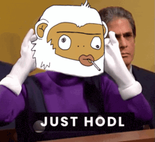 a cartoon monkey with a cigarette in his mouth and the words just hodl behind him