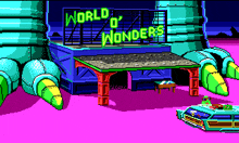 a pixel art drawing of a building that says " world of wonders "