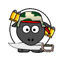 a cartoon of a sheep wearing a helmet and holding a knife