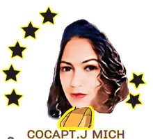 a woman 's face is surrounded by black stars and the words cocapt.j mich