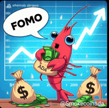 a cartoon of a lobster holding a bag of money with a speech bubble that says fomo