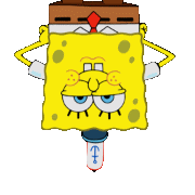 a cartoon drawing of spongebob squarepants hanging upside down with his head in a box