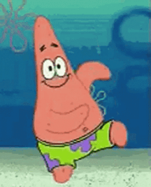 patrick star from spongebob squarepants is dancing in the water while wearing green and purple shorts .