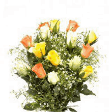 a bouquet of yellow and red roses with green leaves on a white background .