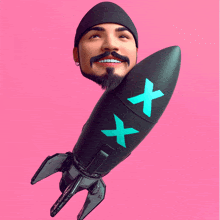 a man 's head is sticking out of a black rocket with the letters x on it